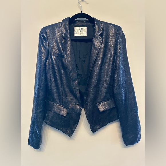 Free People Black Tailored Blazer Jacket With Metallic Sequins Size 4 - Picture 1 of 6